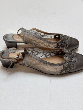 J. Renee Faleece Slingback Pump Gray Satin Lace Studded Rhinestone Size 13 Party